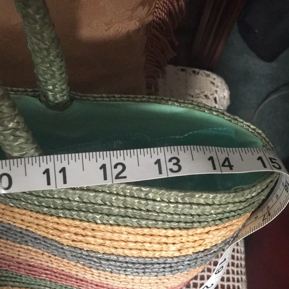 Natural straw bag in green blue, red colors